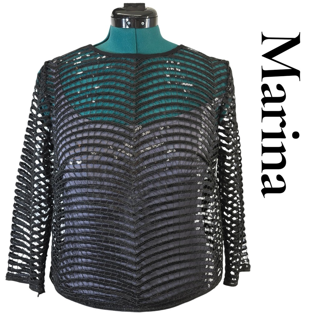 Marina Sequin‎ Lace Top Large Black Back Zip 3/4 Sleeve Evening Party Chic